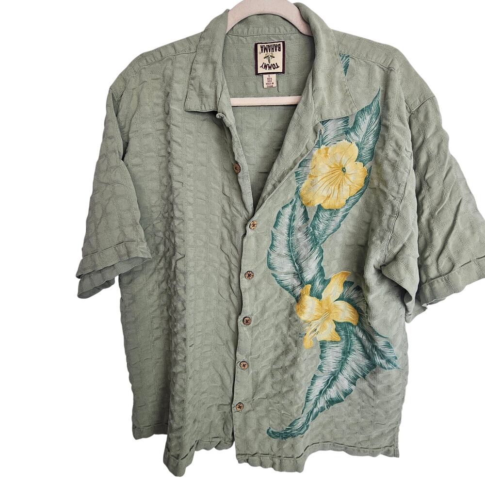 Tommy Bahama Womens Floral Seersucker Silk Shirt L Hawaiian Resortwear Tropical